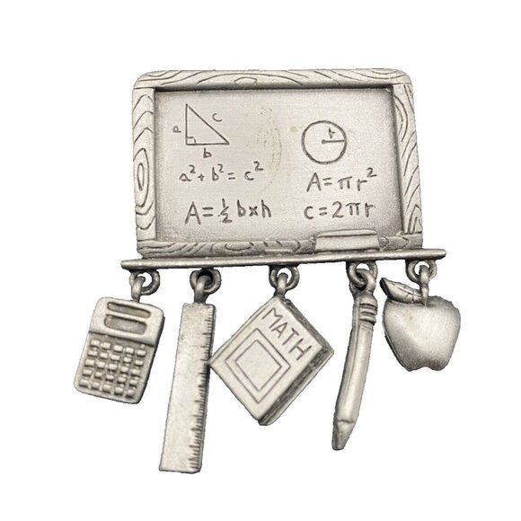 JJ Jewelry - Vtg JJ JONETTE Brooch Pin Pewter Math Teacher Chalkboard Charm School Algebra